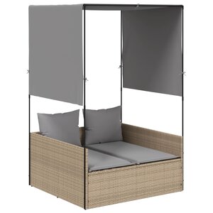 vidaXL Chaise longue double avec toit et rideaux beige résine tressée