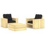 vidaXL Salon de jardin 3 Pièces avec coussins bois de pin imprégné