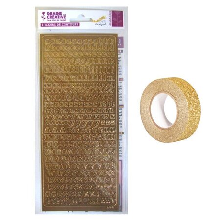 Stickers Alphabet cuivré 10 5 x 23 2 cm + masking tape doré à paillettes 5 m