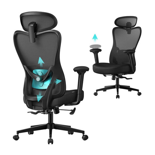 Chaise de bureau ergonomique fauteuil de bureau appui-tête et soutien lombaire réglables supporte jusqu’à 150 kg hauteur réglable noir d'encre 12_0007985