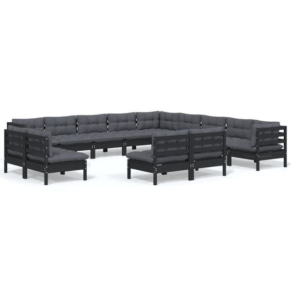 vidaXL Salon de jardin 13 Pièces avec coussins Noir Bois de pin solide