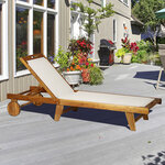 Bain de soleil transat - design colonial - dossier inclinable 4 positions roulettes - dim. 198L x 60l x 45/69/80/88H cm - tissu textilène blanc - bois acacia