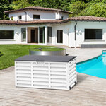 Coffre de jardin malle de rangement dim. 112L x 49l x 53H cm 2 roulettes polypropylène texturé imitation lattes de bois blanc gris