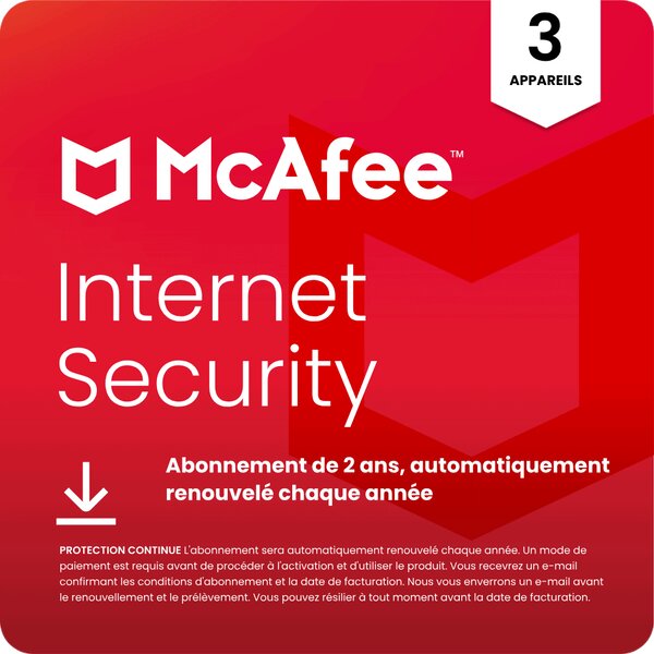 McAfee Internet Security - 3 appareils - Abonnement 2 ans - Renouvelé automatiquement
