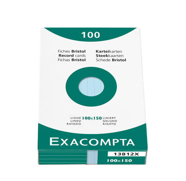 Étui de 100 fiches bristol ligné non perforé 100x150mm Bleu EXACOMPTA