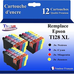 T3AZUR- 12x Cartouches Compatibles avec Epson T1281 T1282 T1282 T1284 remplace Epson Stylus Office SX420W SX425W SX430W SX435W SX438W SX440W SX445W