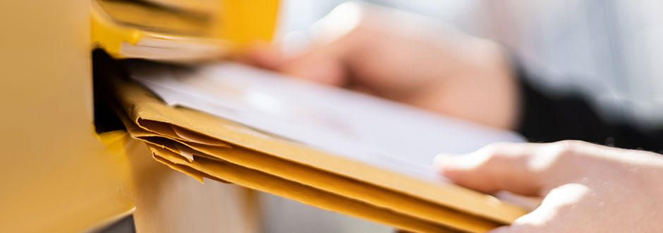 Homme postant des lettres recommandées et des lettres suivies en boîte aux lettres