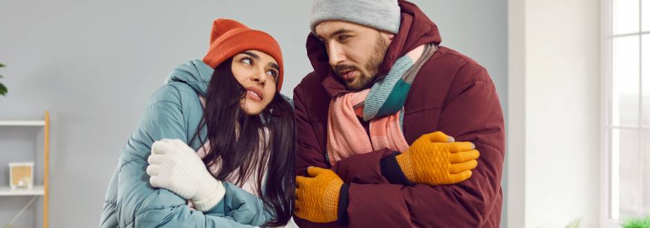 Couple emmitouflé dans leurs habits d&apos;hiver chez eux