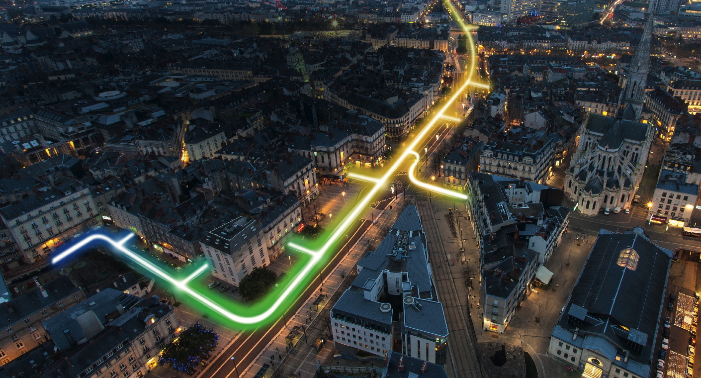 Visuel illustratif représentant une ville traversée par un faisceau lumineux