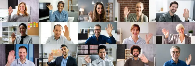 mosaïque de photos et plusieurs personnes saluant la caméra en participant au vote électronique