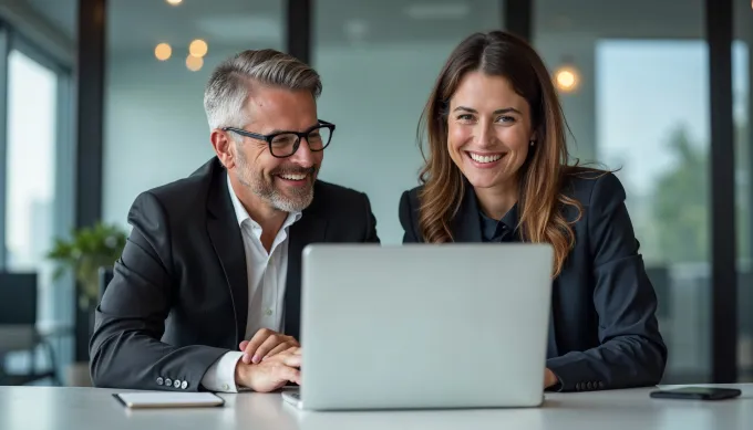 Deux personnes regardent en souriant un écran d'ordinateur, passage à la e-facturation pour les clients La Poste B2B