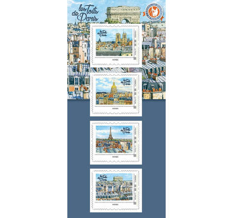 Collector 4 timbres - Toits de Paris - Arc de Triomphe - International