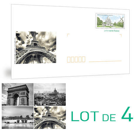 Prêt-à-Poster - Lettre verte - 20g - Paris en Noir et Blanc - Enveloppes en lot de 4 