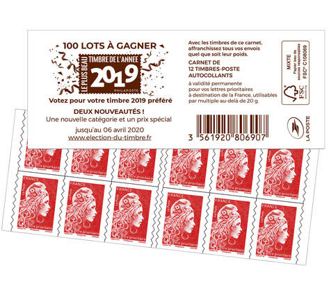 Carnet 12 timbres Marianne l'engagée - Lettre Prioritaire - Rouge - Election du timbre de l'année