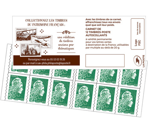 Carnet 12 timbres Marianne l'engagée - Lettre Verte - Timbres Patrimoine français