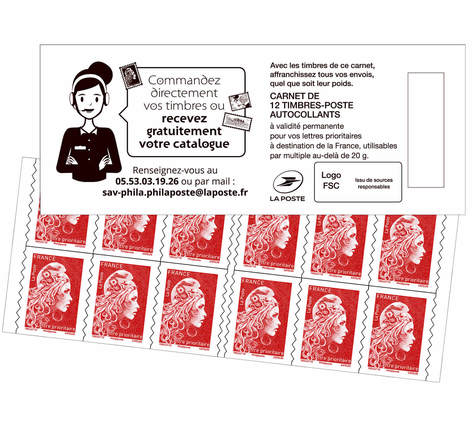 Carnet 12 timbres Marianne l'engagée - Lettre Prioritaire - Rouge - Couverture Catalogue Phil@poste