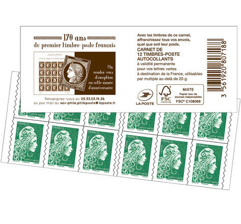 Carnet de 12 timbres Marianne l'engagée - Lettre Verte - Couverture 170 ans du premier timbre-poste français