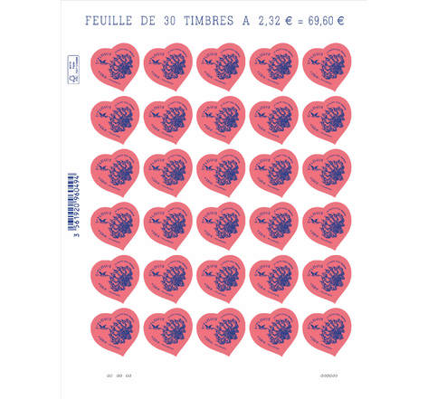 Feuille 30 timbres Coeur - Saint Louis - 100g - Lettre verte