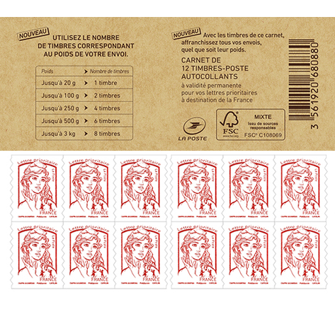 Carnet de 12 timbres Marianne Rouge - Lettre prioritaire