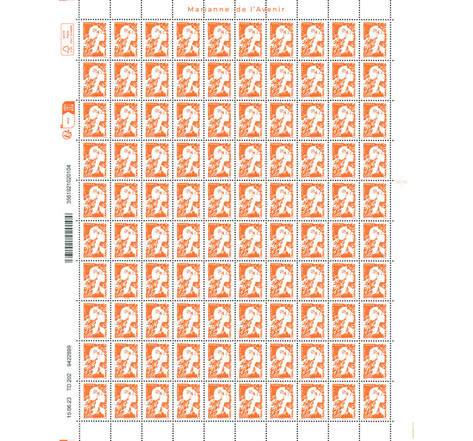 Feuille 100 timbres Marianne de l'avenir  - Complément affranchissement 1€ - Orange