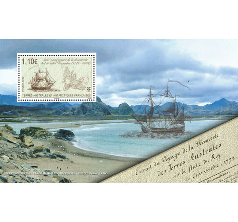 Bloc de 1 timbre TAAF - 250ème anniversaire de la découverte de l'archipel Kerguelen