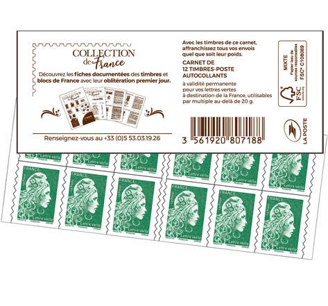 Carnet 12 timbres Marianne l'engagée - Lettre Verte - Couverture Collection de France