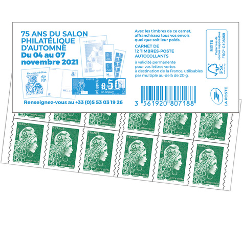 Carnet 12 timbres Marianne l'engagée - Lettre Verte - Couverture 75 ans du Salon d'Automne