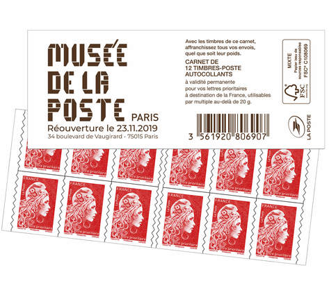 Carnet 12 timbres Marianne l'engagée - Lettre Prioritaire - Rouge - Couverture Réouverture du Musée de La Poste