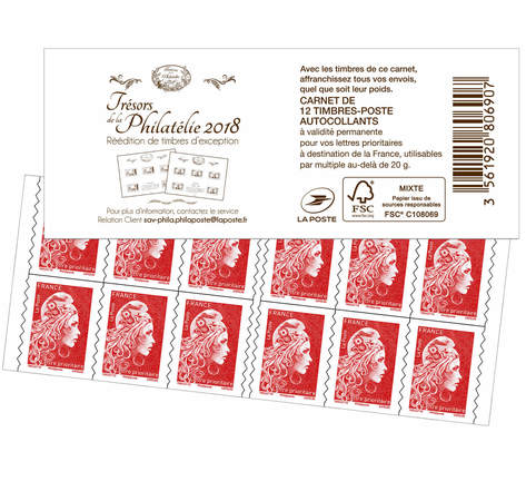Carnet 12 timbres Marianne l'engagée - Lettre prioritaire - Rouge - Couverture Trésors de la philatélie