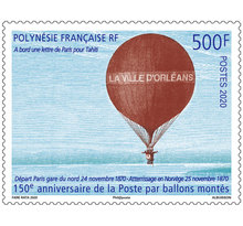 Timbre Polynésie Française - 150ème anniversaire de La Poste par ballon monté