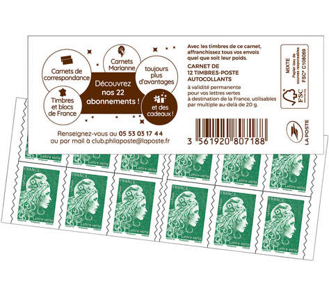 Carnet 12 timbres Marianne l'engagée - Lettre verte - Couverture Abonnements