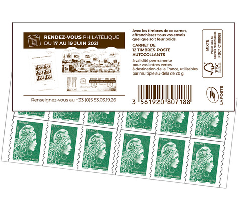 Carnet 12 timbres Marianne l'engagée - Lettre Verte - Couverture RDV philatéliques