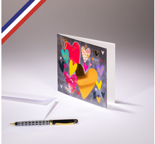 Carte double All you need is love créée et imprimée en France sur papier certifié PEFC - Cœurs multicolores et multi-motifs
