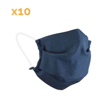 Lot de 10 masques de protection visage réutilisable, lavable 50 fois 3 couches en tissu - Bleu marine - Certifié UNS1