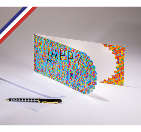 Carte double Extravagance créée et imprimée en France sur papier certifié PEFC - Happy birthday - Boutons multicolores - Découpe boutons et or à chaud