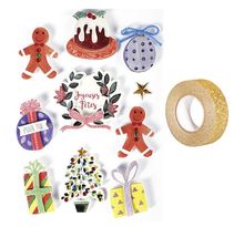 10 stickers 3D Décorations de Noël + masking tape doré à paillettes 5 m