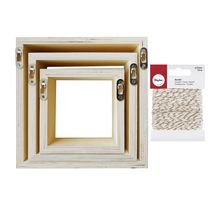 3 étagères carrées bois 22 x 22 x 8 cm + ficelle dorée & blanche