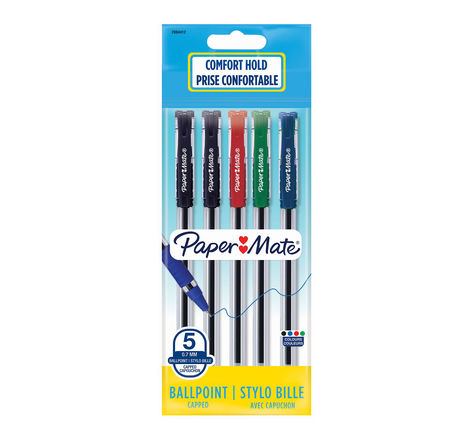 Paper mate brite - 5 stylos bille avec capuchon - noir  bleu  rouge  vert - pointe moyenne 0.7mm - sous blister