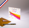 Carte simple à la folie licornément créée et imprimée en france - happy birthday - cup cake et arc-en-ciel