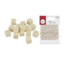 30 perles en bois carrées 10 x 10 mm + ficelle dorée & blanche 15 m