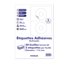 20 Planches A4 - 2 étiquettes diametre 114 autocollantes mutimedia CD par planche pour tous types imprimantes - Jet d'encre/laser/photocopieuse