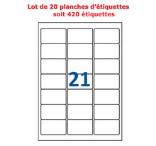 Lot de 20 planches étiquettes autocollantes pour timbres sur feuille a4 : 63,5 x 38,1 mm (21 étiquettes par feuille)