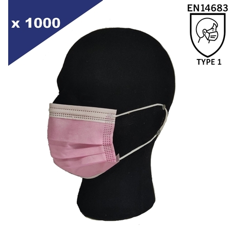 Lot de 1000 Masques Jetables Rose Type I EN14683 - 20 boites de 50 masques