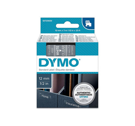 Dymo labelmanager cassette ruban d1 12mm x 7m blanc/transparent (compatible avec les labelmanager et les labelwriter duo)