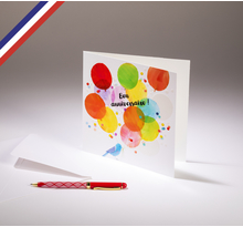 Carte double aerial créée et imprimée en france - bon anniversaire ballons multicolores et oiseau