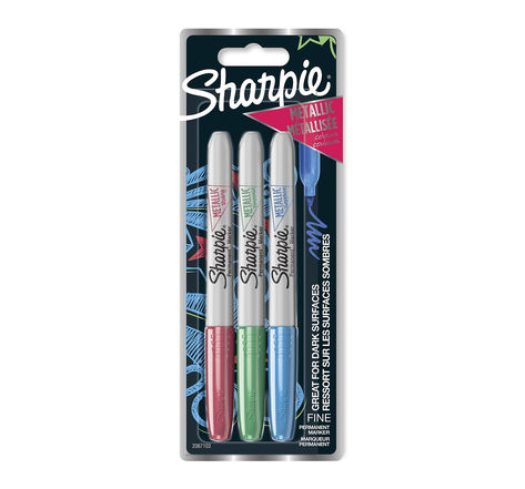 SHARPIE Metallic Marker - 3 marqueurs permanents - Rose, Vert, Bleu métallisé - Pointe Fine - sous blister