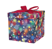 Boîte cadeau avec nœud- bulles et étoiles
