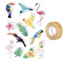 12 stickers 3d oiseaux tropicaux 6 cm + masking tape doré à paillettes 5 m