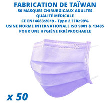 50 Masques chirurgicaux CE fabriqué à Taïwan de qualité médicale - Filtration ≥ à 99% - Type II CE EN14683:2019 - Coloris VIOLET - YI TING