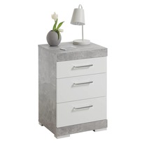 Fmd table de chevet avec 3 tiroirs gris béton et blanc brillant